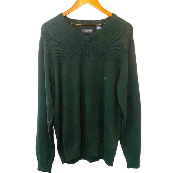 NWT Chaps Men's Green Pullover V-Neck Brown Faux Suede Elbow Sweater Size Large